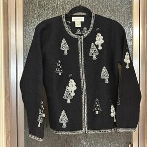 Vintage Susan Bristol Black 100% Wool Winter tree sweater Zip Up Jacket